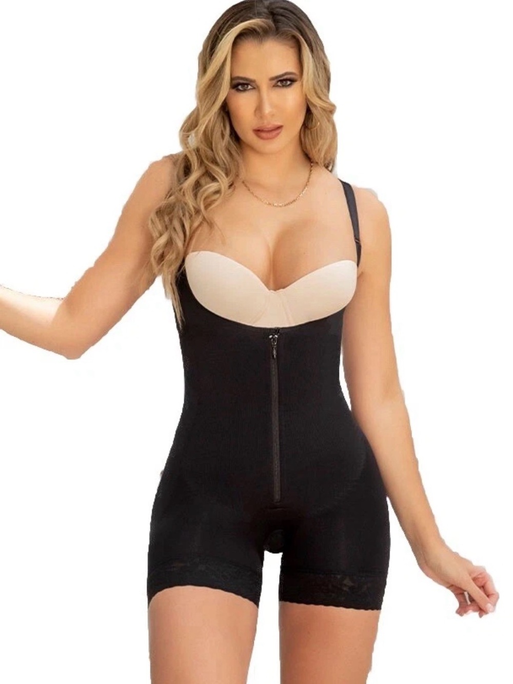 Black High-Waist Shaping Bodysuit with Nude Bust Support